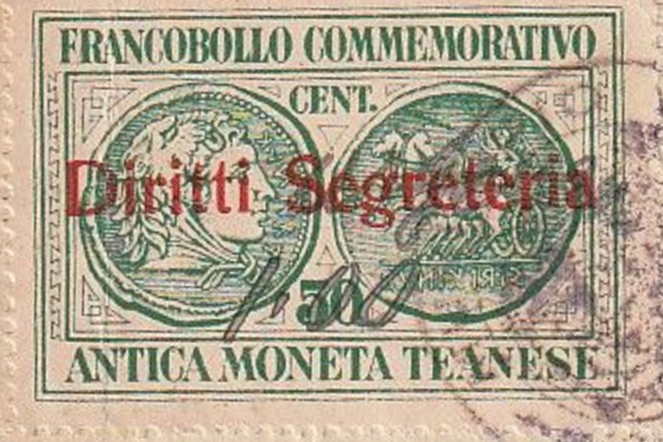 Marca da Bollo del Comune di TEANO su Carta Bianca di dimensioni 48 x 23 mm