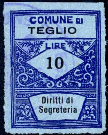 Marca da Bollo del Comune di TEGLIO su Carta Colorata di dimensioni 22 x 28 mm