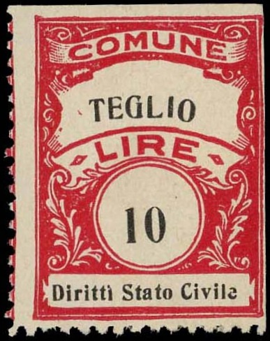 Marca da Bollo del Comune di TEGLIO su Carta Bianca di dimensioni 22,5 x 29 mm
