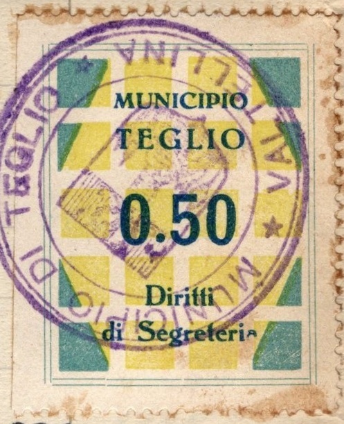 Marca da Bollo del Comune di TEGLIO su Carta Bianca di dimensioni 23 x 27 mm