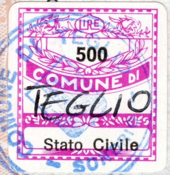 Marca da Bollo del Comune di TEGLIO su Carta Bianca di dimensioni 20 x 20 mm