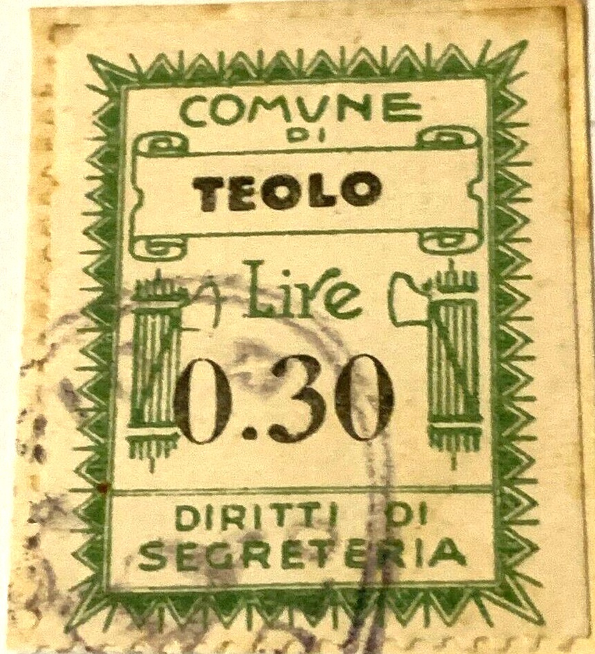 Marca da Bollo del Comune di TEOLO su Carta Bianca Sottile di dimensioni 23 x 29 mm