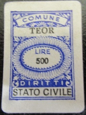 Marca da Bollo del Comune di TEOR su Carta Bianca di dimensioni 19 x 21 mm