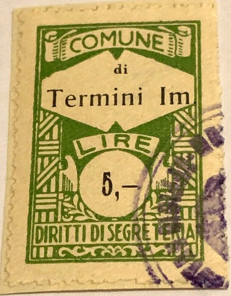 Marca da Bollo del Comune di TERMINI IMERESE su Carta Bianca Sottile di dimensioni 21,5 x 38 mm