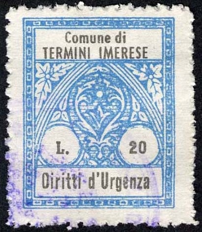 Marca da Bollo del Comune di TERMINI IMERESE su Carta Bianca di dimensioni 21,5 x 27 mm