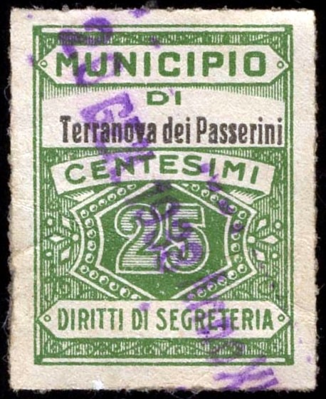Marca da Bollo del Comune di TERRANOVA DEI PASSERINI su Carta Bianca di dimensioni 22 x 29 mm