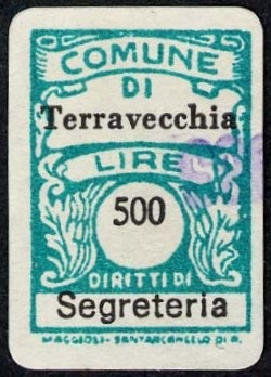 Marca da Bollo del Comune di TERRAVECCHIA su Carta Bianca di dimensioni 18 x 27 mm