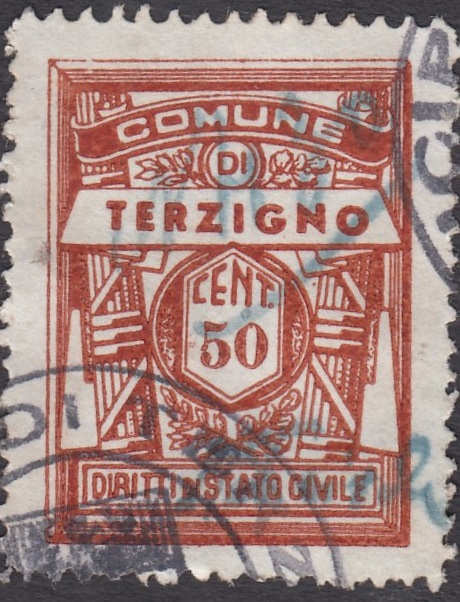 Marca da Bollo del Comune di TERZIGNO su Carta Bianca di dimensioni 22,5 x 29 mm