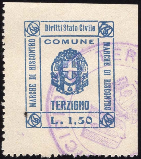Marca da Bollo del Comune di TERZIGNO su Carta Bianca di dimensioni 22,5 x 29 mm