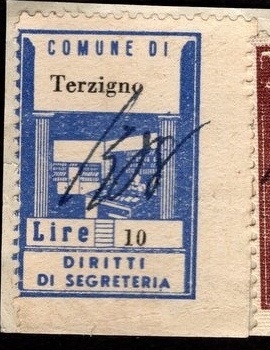 Marca da Bollo del Comune di TERZIGNO su Carta Bianca di dimensioni 21 X 32 mm