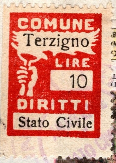 Marca da Bollo del Comune di TERZIGNO su Carta Bianca di dimensioni 18,5 x 26 mm