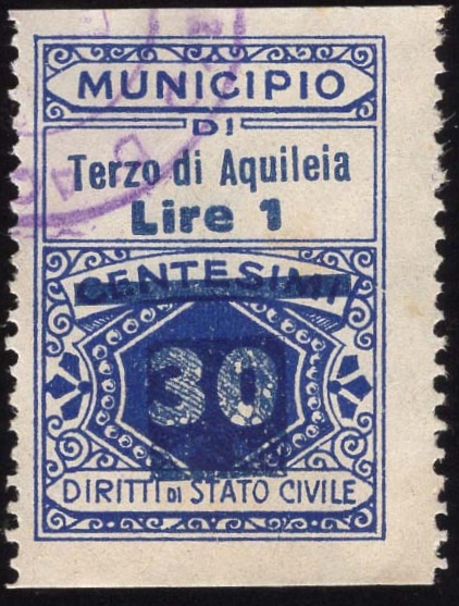 Marca da Bollo del Comune di TERZO DI AQUILEIA su Carta Bianca di dimensioni 23 x 27 mm
