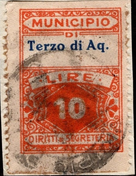 Marca da Bollo del Comune di TERZO DI AQUILEIA su Carta Bianca di dimensioni 23 x 27 mm