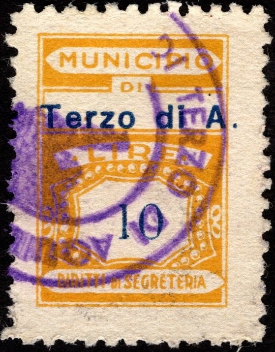Marca da Bollo del Comune di TERZO DI AQUILEIA su Carta Bianca di dimensioni 16 x 23,5 mm