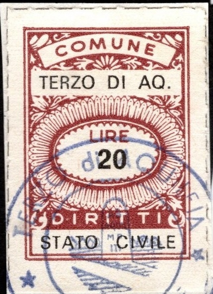 Marca da Bollo del Comune di TERZO DI AQUILEIA su Carta Bianca di dimensioni 18 x 26 mm