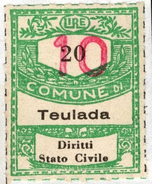Marca da Bollo del Comune di TEULADA su Carta Bianca di dimensioni 22 x 29 mm