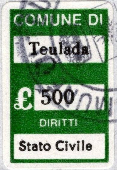 Marca da Bollo del Comune di TEULADA su Carta Bianca di dimensioni 16 x 25 mm