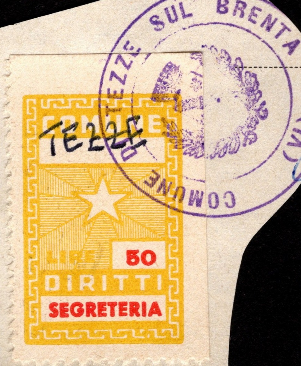 Marca da Bollo del Comune di TEZZE SUL BRENTA su Carta Bianca Sottile di dimensioni 24,5 x 35,5 mm