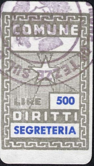 Marca da Bollo del Comune di TEZZE SUL BRENTA su Carta Bianca di dimensioni 19,5 x 31 mm