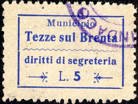 Marca da Bollo del Comune di TEZZE SUL BRENTA su Carta Bianca di dimensioni 25 x 17,5 mm