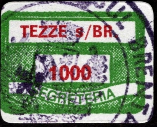 Marca da Bollo del Comune di TEZZE SUL BRENTA su Carta Bianca di dimensioni 20 x 14 mm