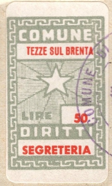 Marca da Bollo del Comune di TEZZE SUL BRENTA su Carta Bianca di dimensioni 19,5 x 31 mm