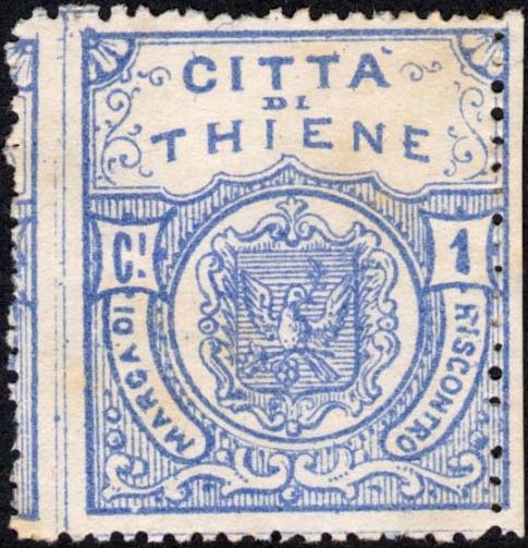 Marca da Bollo del Comune di THIENE su Carta Bianca Sottile di dimensioni 27 x 31 mm