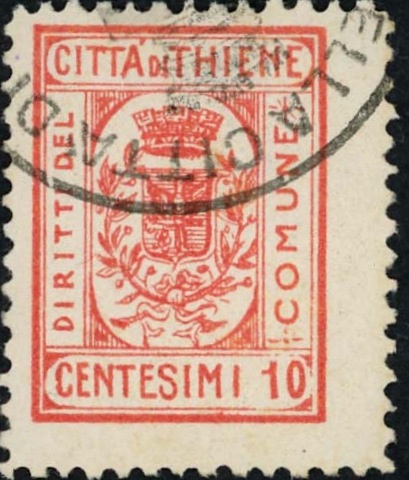Marca da Bollo del Comune di THIENE su Carta Bianca di dimensioni 23 x 34 mm