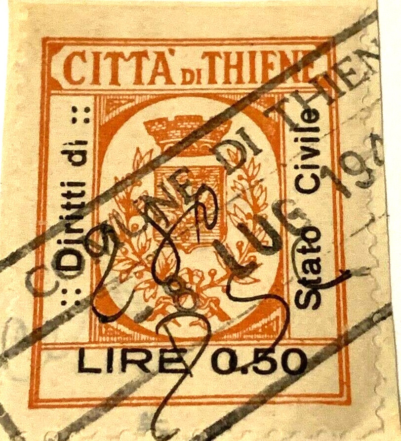 Marca da Bollo del Comune di THIENE su Carta Bianca di dimensioni 23 x 27 mm