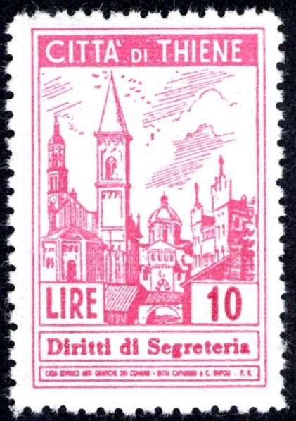 Marca da Bollo del Comune di THIENE su Carta Bianca di dimensioni 22 x 34 mm