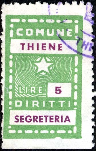 Marca da Bollo del Comune di THIENE su Carta Bianca di dimensioni 19 x 30,5 mm