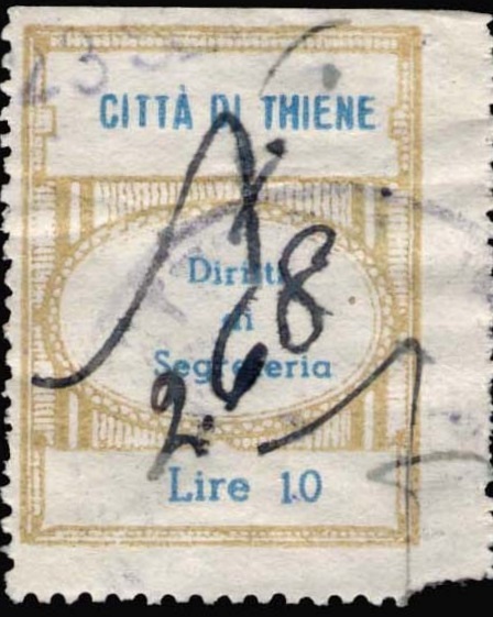 Marca da Bollo del Comune di THIENE su Carta Bianca di dimensioni 17 X 24 5 mm