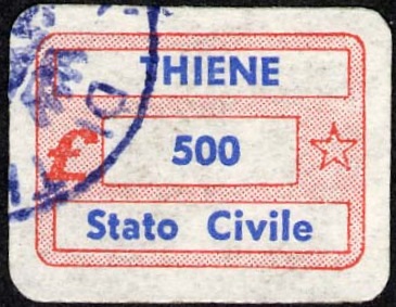 Marca da Bollo del Comune di THIENE su Carta Bianca di dimensioni 19 x 14 mm
