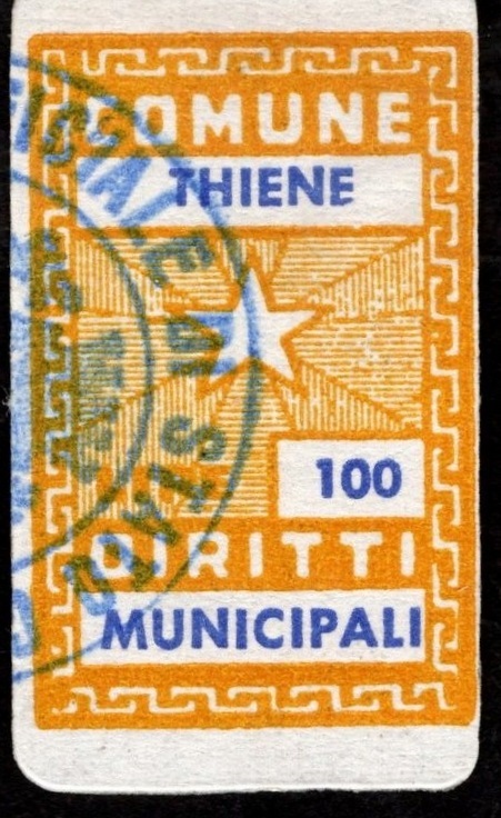 Marca da Bollo del Comune di THIENE su Carta Bianca di dimensioni 19 x 30,5 mm