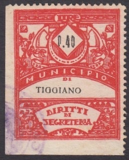 Marca da Bollo del Comune di TIGGIANO su Carta Bianca Sottile di dimensioni 30 x 37 mm
