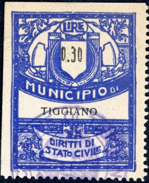 Marca da Bollo del Comune di TIGGIANO su Carta Bianca Sottile di dimensioni 27,5 x 36 mm
