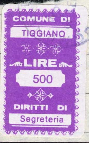 Marca da Bollo del Comune di TIGGIANO su Carta Bianca di dimensioni 20 x 32 mm