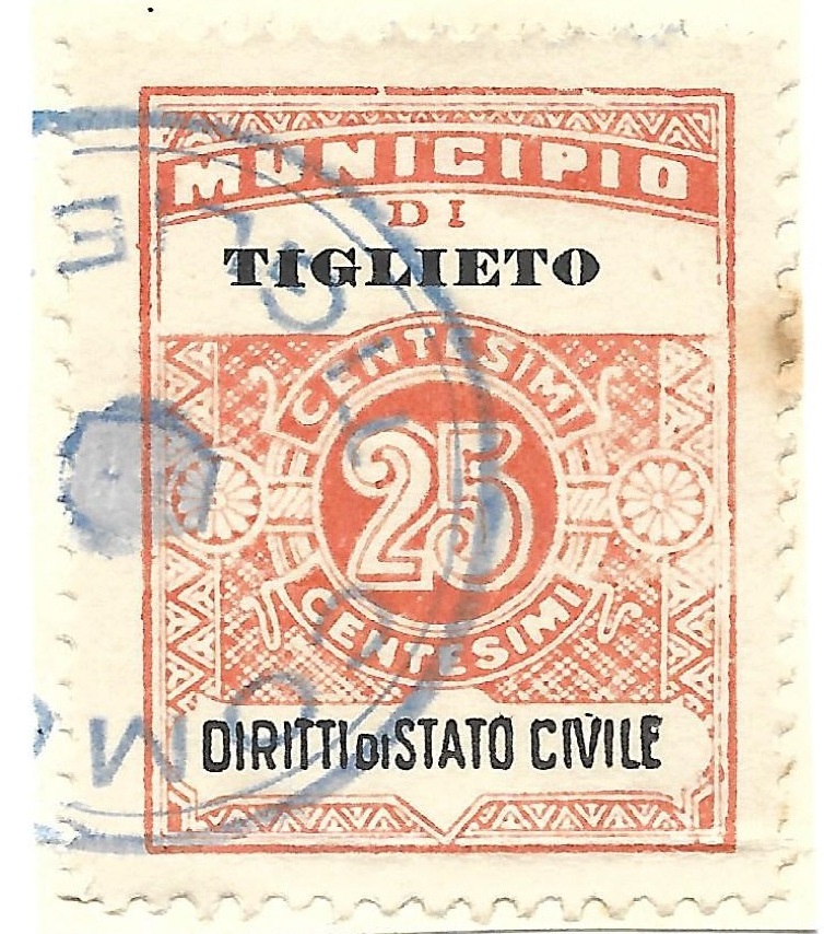 Marca da Bollo del Comune di TIGLIETO su Carta Bianca di dimensioni 22 x 28 mm