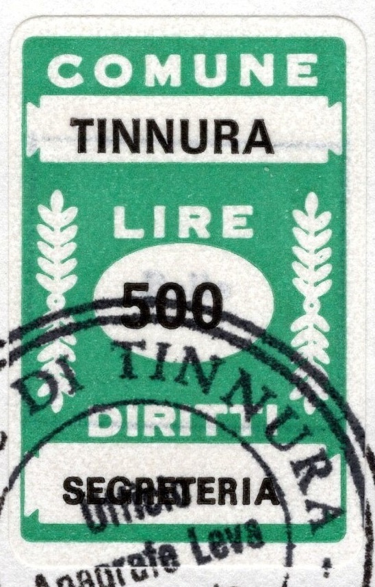 Marca da Bollo del Comune di TINNURA su Carta Bianca di dimensioni 16 x 28 mm