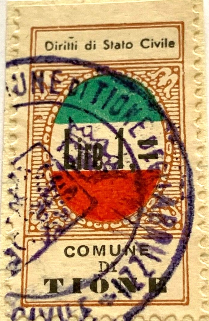 Marca da Bollo del Comune di TIONE DEGLI ABRUZZI su Carta Bianca di dimensioni 22 x 35 mm