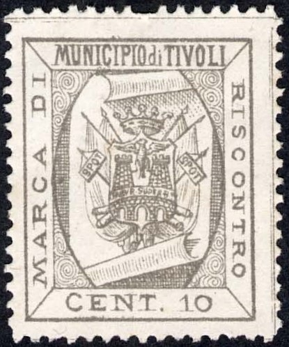 Marca da Bollo del Comune di TIVOLI su Carta Bianca Sottile di dimensioni 22 x 27,5 mm
