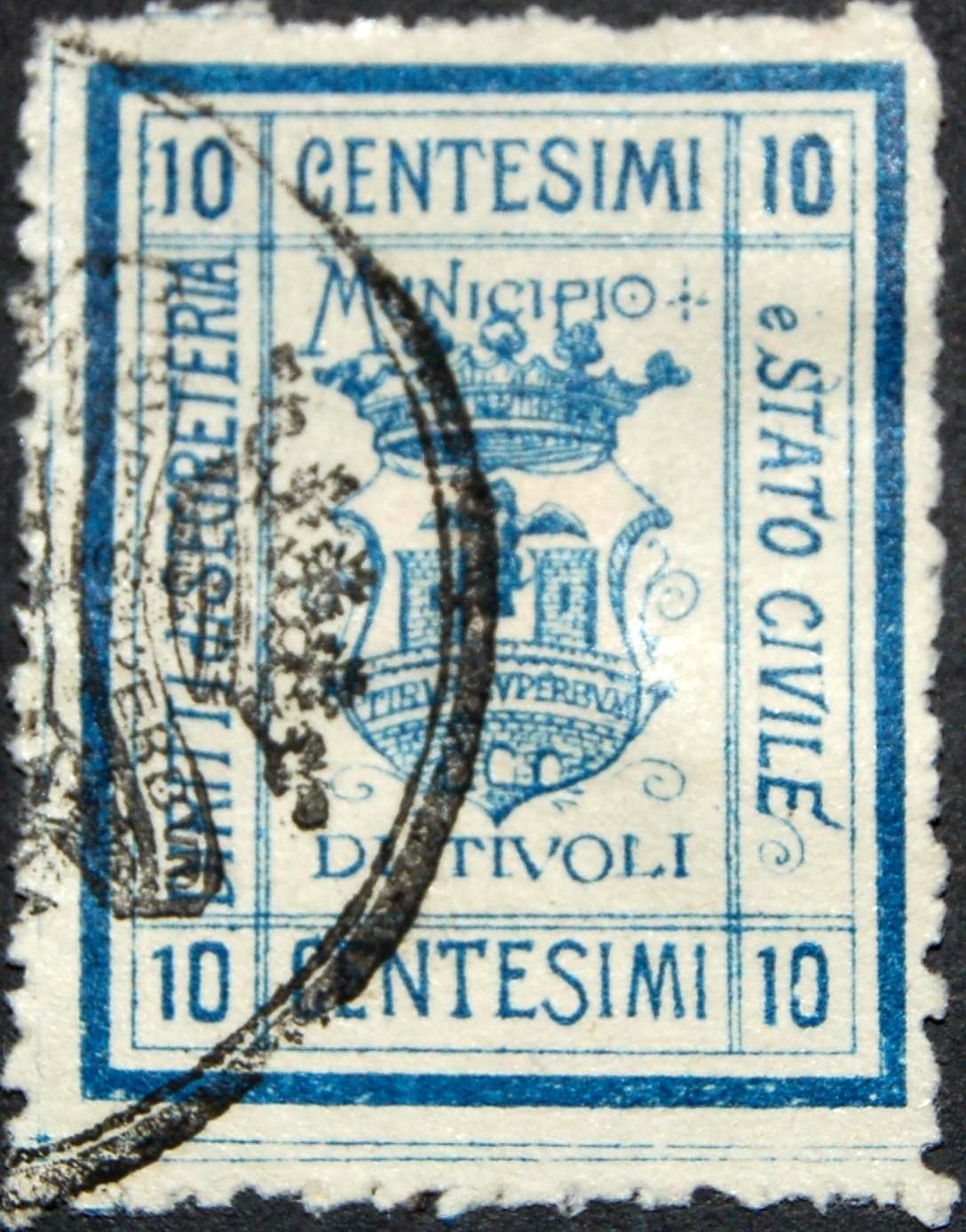 Marca da Bollo del Comune di TIVOLI su Carta Bianca Sottile di dimensioni 22 x 27,5 mm