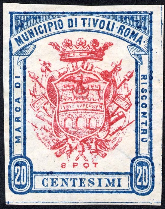 Marca da Bollo del Comune di TIVOLI su Carta Bianca Sottile di dimensioni 33 x 42,5 mm