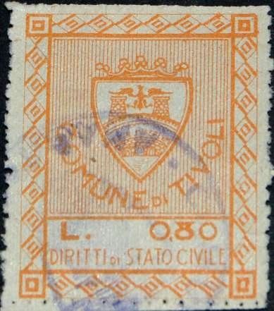 Marca da Bollo del Comune di TIVOLI su Carta Bianca Sottile di dimensioni 24 x 27 mm