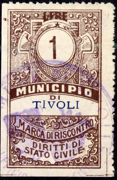 Marca da Bollo del Comune di TIVOLI su Carta Bianca Sottile di dimensioni 26 x 44 mm