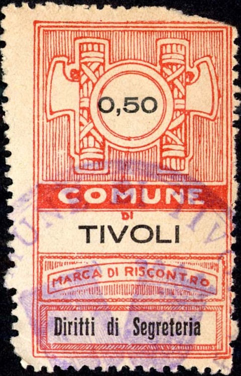 Marca da Bollo del Comune di TIVOLI su Carta Bianca Sottile di dimensioni 23 x 37 mm