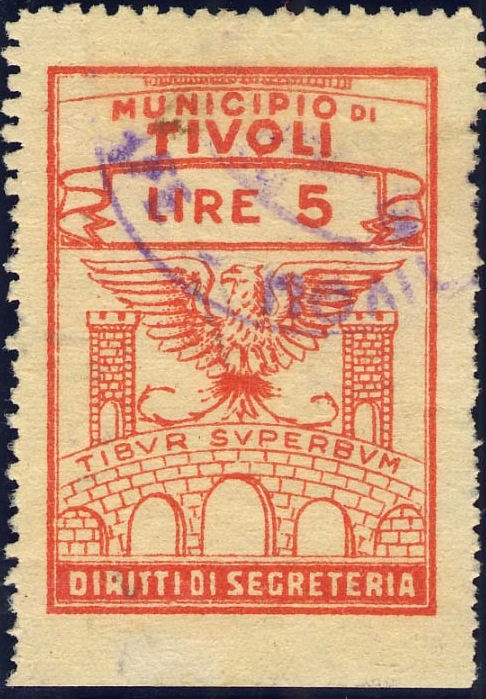 Marca da Bollo del Comune di TIVOLI su Carta Bianca Sottile di dimensioni 27 x 38 mm