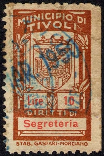 Marca da Bollo del Comune di TIVOLI su Carta Bianca Sottile di dimensioni 17,5 x 30,5 mm