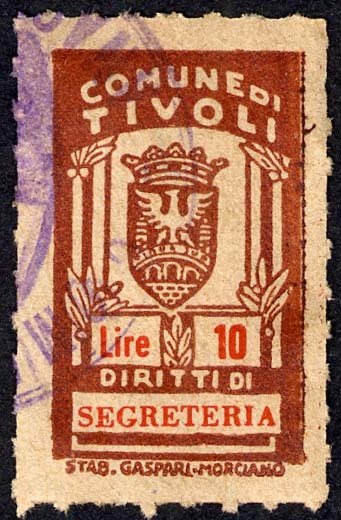 Marca da Bollo del Comune di TIVOLI su Carta Bianca di dimensioni 17 x 27 mm