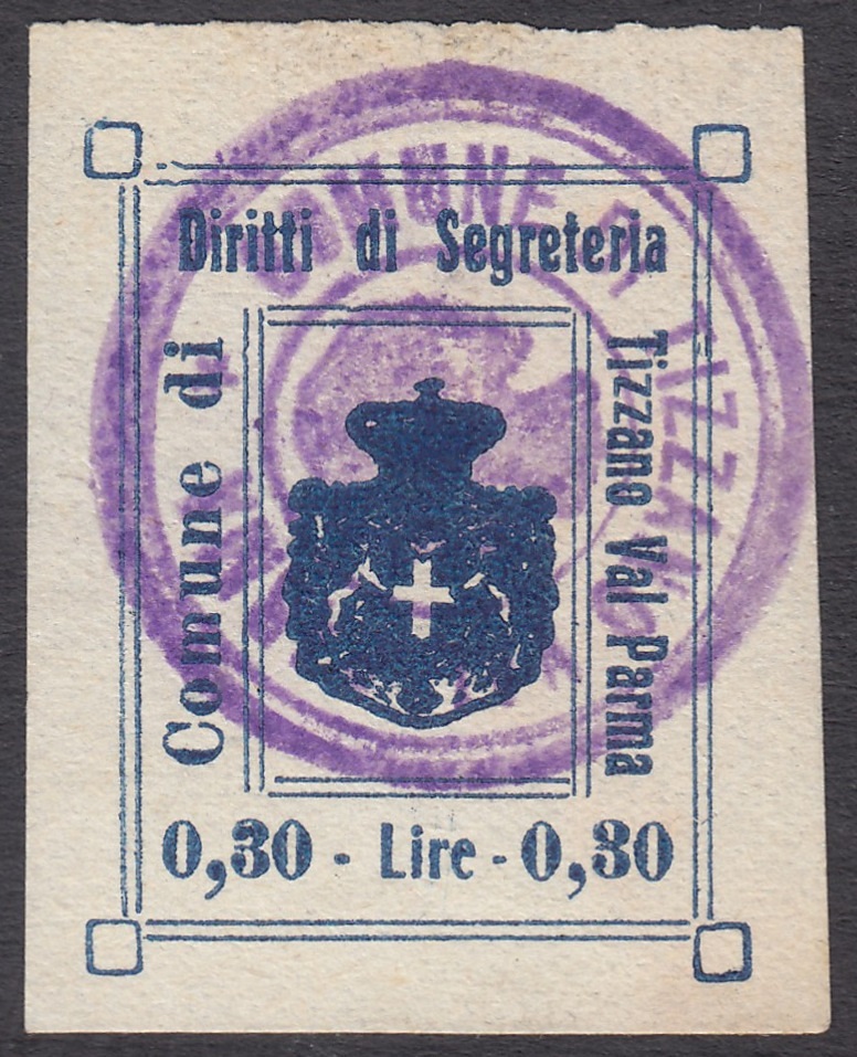 Marca da Bollo del Comune di TIZZANO VAL PARMA su Carta Bianca Sottile di dimensioni 25 x 31,5 mm